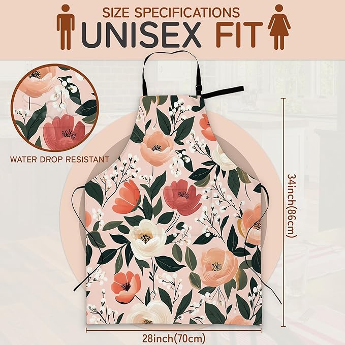 Apron with Pockets for Women, Adjustable Kitchen Cooking BBQ Chef Apron, Gifts for Mom Birthday, or Holidays
