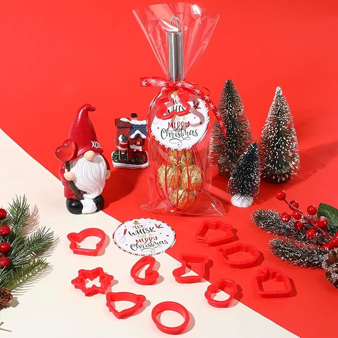 12 Sets Christmas Whisk Gifts Include 10 Inch Stainless Steel Silicone Whisk Xmas Hollow Molds Greeting Cards Ribbons for Neighbor Family Friends Baking Cooking Enthusiast Supplies