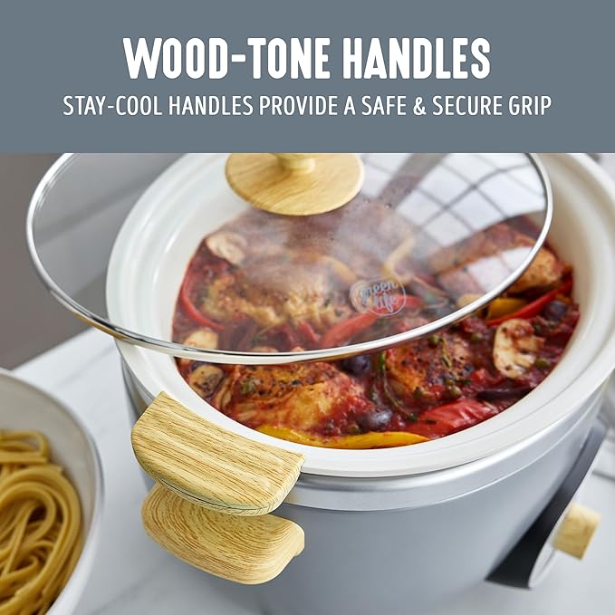 GreenLife 6QT Slow Cooker, Non-Toxic PFAS-Free Ceramic Nonstick Removable Interior Bowl, Programmable, Family Friendly, Keep Warm, Stovetop & Oven Safe, Dishwasher Safe Crock, Timer, Glass Lid, Gray