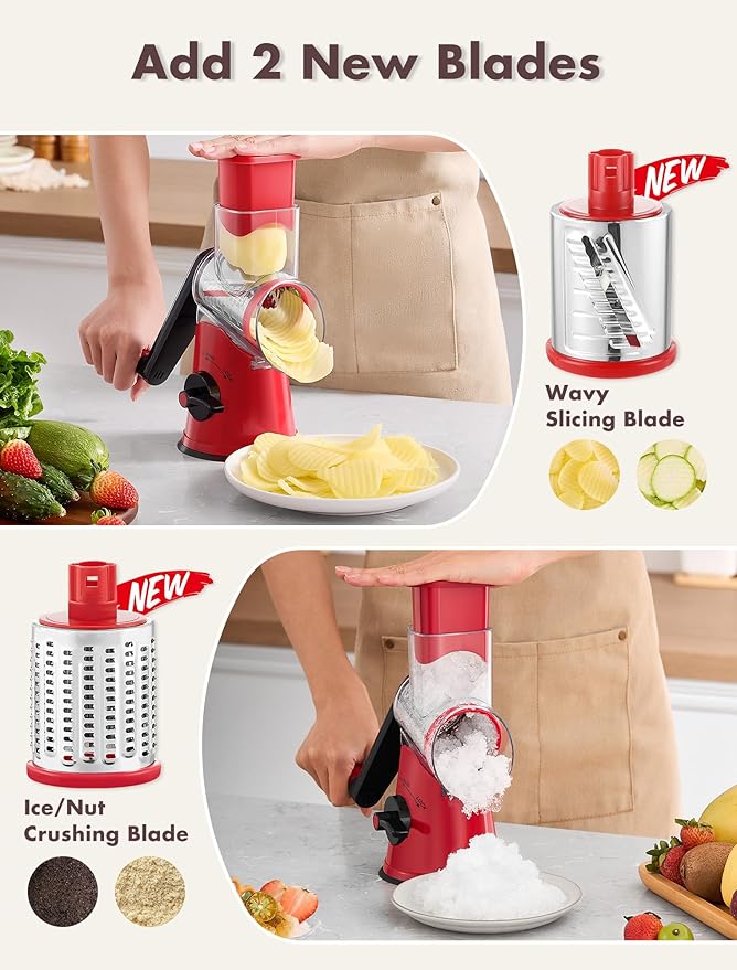 GDL Rotary Cheese Grater Hand Crank with 5 Interchangeable Blades - Upgraded Cheese Shredder Featuring Strong Suction Base for Cheese Shredding, Wavy Slicing, Nut Grinding, Ice Shaving