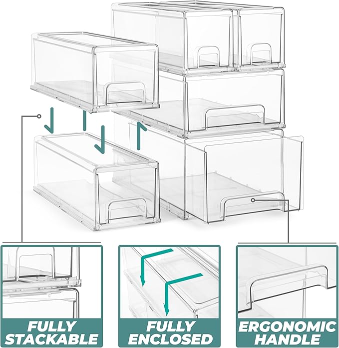 Sorbus Small Clear Stackable Storage Drawers – 4-Pack Plastic Organizer Bins with Handles – Stackable Pull-Out Storage Drawers for Closet, Pantry, Office, Bathroom, Craft, and Toy Organization