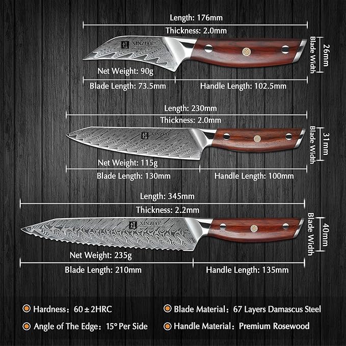 XINZUO 5 Pcs Knife Set, Professional Super Damscus Steel Kitchen Knife Set, Ultra Sharp Blade, Natural Rose Handle, Chef Gift Box-Yi Series