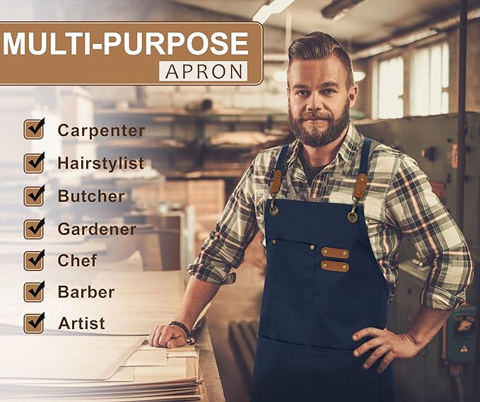 RUVANTI Work Apron for Men, Oil & Water Repellent, Poly Cotton Cross Back Aprons for Women with Pockets, Adjustable up to XXL
