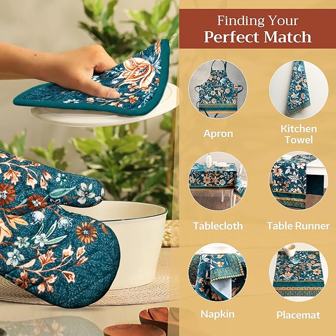 Maison d' Hermine 100% Cotton Oven Mitt & Pot Holder Set (7.5"x13" & 8"x8") Heat Resistant Cooking Gloves with Loop for Thanksgiving Christmas Decorations Handling Hot Pans (Luxury Loft - Dark Teal)