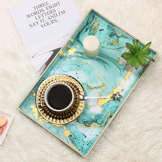 Zosenley Decorative Tray, Marbling Plastic Tray with Handles, Rectangular Vanity Tray and Serving Tray for Bathroom, Kitchen, Ottoman and Coffee Table, 15.6" x 10.2" (Golden Blue)