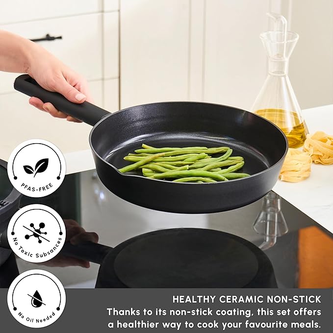 Karaca Swiss Crystal Ceramic Midnight Cookware Set - Non Stick Pots and Pans Set with Lid - PFAS-Free, Dishwasher Safe, Induction Hob Compatible Cookware, Black, 6 Piece