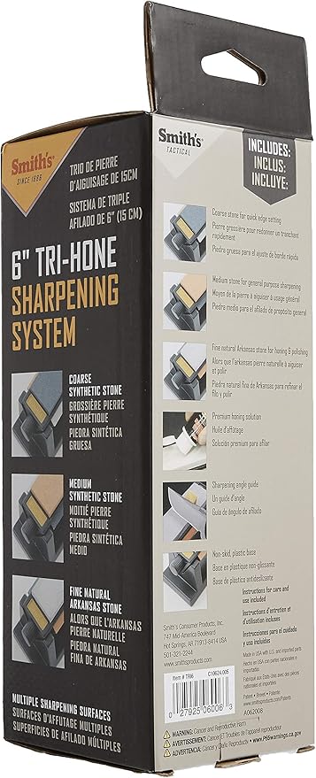 Smith’s TRI6 Arkansas Tri-Hone Stone Sharpening System Grey 6” Fine, Medium, & Coarse Stones 3-Way Honing Nonslip Rubber Feet Restore Tools, Hunting, Kitchen, Fishing & Pocket Knives
