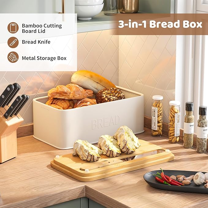 FILWH Metal Bread Box with Bamboo Cutting Board Lid, Bread Box with Bread Knife for Kitchen Countertop Countertop Storage for Homemade Bread, Bagels & Muffins (White, M)