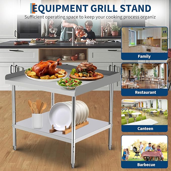 36x24x30 in Stainless Steel Equipment Grill Stand Table 400 LBS Capacity NSF Certified with Adjustable Legs, 2 in Edge Baffle, for Hotel, Home, Commercial Restaurant Kitchen