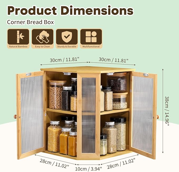 Corner Bread Box for Kitchen Countertop - Bamboo Large Capacity Bread Storage Bin with Acrylic Wavy Door Panel,Double Door Bread Organizers (Natural)