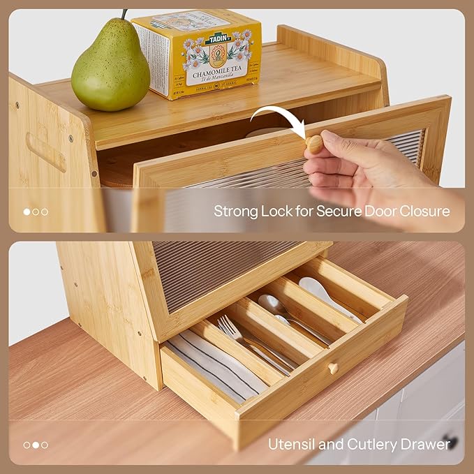 HOOBRO Bread Box, Bamboo Bread Box Storage Container with Drawer, 2-Tier Kitchen Countertop Food Storage Box with Acrylic Door, for Food, Natural YL21MB01