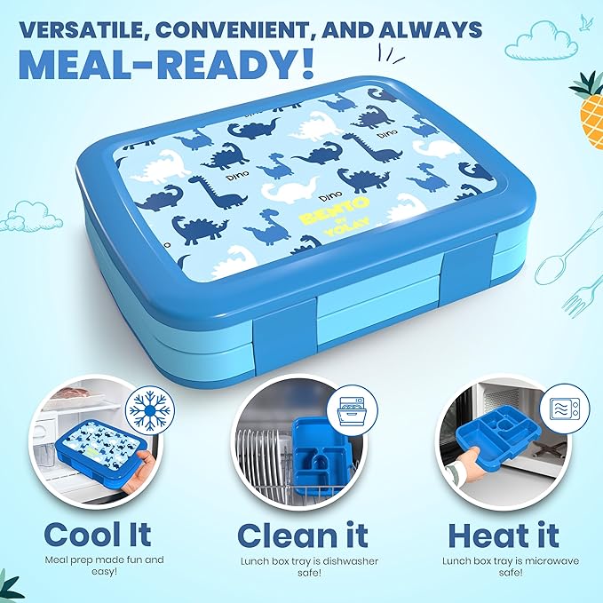 YOLAY Bento Box for Kids Lunch Box Leak-Proof, 5-Compartment Lunch Box Kids for Ages 3-10, Durable with Anti-Slip Base, Suitable for Schools, Outdoor and Travel (Mermaid) (Dino)