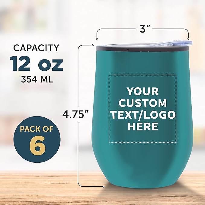 Custom Stemless Wine Tumblers 12 oz. Set of 6, Personalized Bulk Pack - Insulated, Perfect for Wine, Cocktails, Other Hot & Cold Beverages - Teal