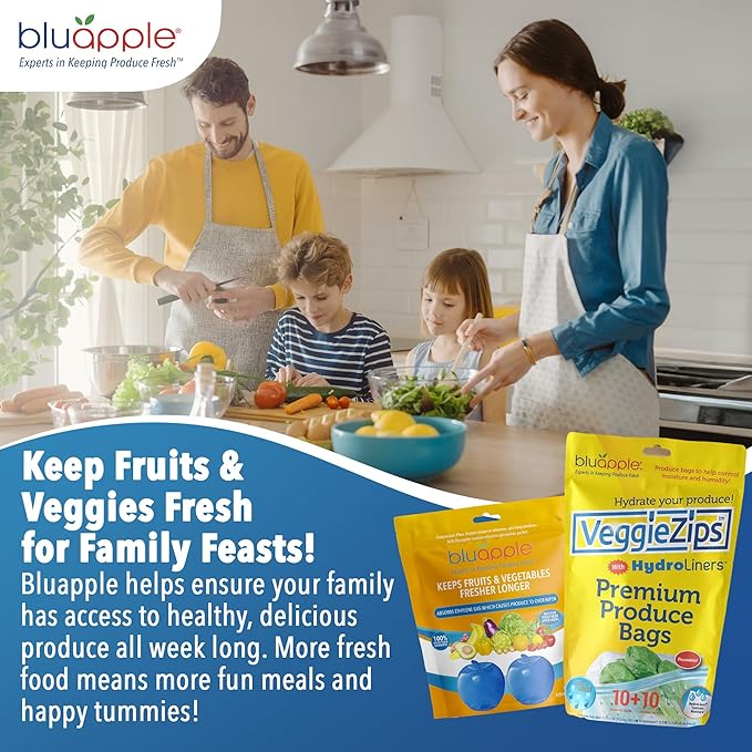 Bluapple Produce Saver Ethylene Gas Absorber & VeggieZips Ultimate Starter Pack Bundle - Fresh Vegetables & Fruits Saver, Produce Storage, Fruits & Veggies Keepers for Refrigerator, Regulates Humidity