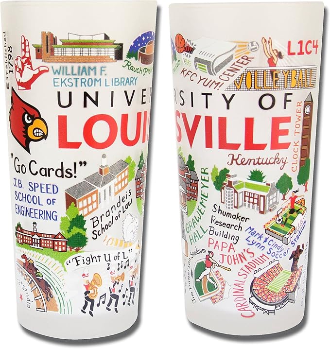 Catstudio Drinking Glass, University of Louisville Glass Cup for Kitchen, 15oz Dishwasher Safe Tumbler for UofL Alumni