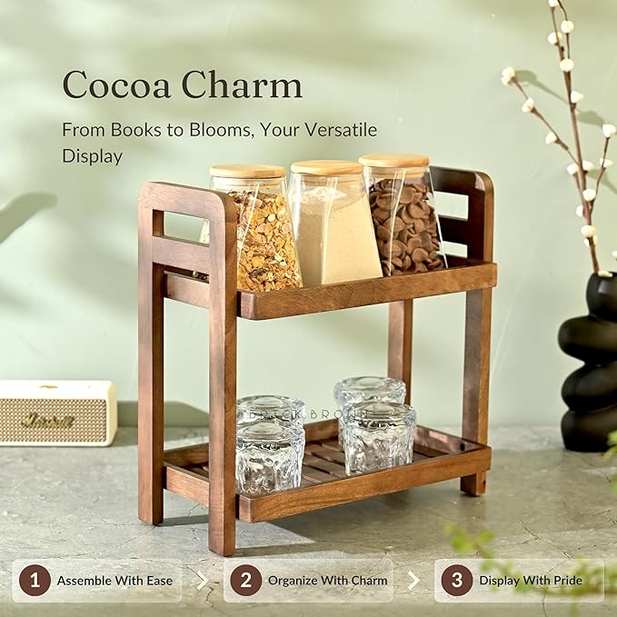 Brick Brown Premium Cocoa Kitchen Wooden Organizer 2-Tiered Serving Stand| Display Snacks, Fruits & Desserts | Kitchen & Dining Organizer in Mahogany Finish (Self Assembly)