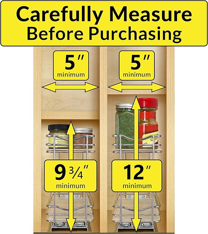 LYNK PROFESSIONAL® Pull Out Spice Rack Organizer for Inside Kitchen Cabinets - 4-3/8 inch Wide - Slide Out Drawer – Chrome Sliding Spice Cabinet Organization Shelf Racks - 2 Tier