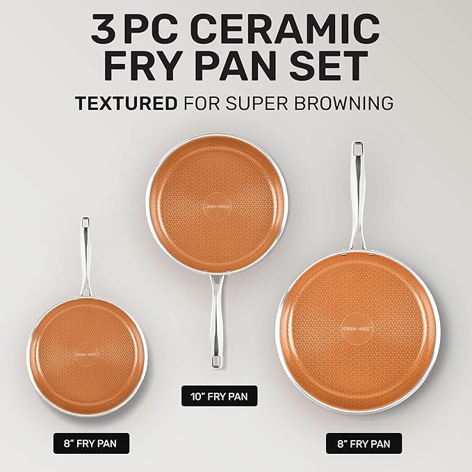 Gotham Steel Hybrid 3pc Stainless Steel Non Stick Frying Pans Set, 8 10 12 inch Ceramic Frying Pan Skillet Set, Induction Ready, Made without PFAS & PFOA, Oven and Dishwasher Safe - Copper