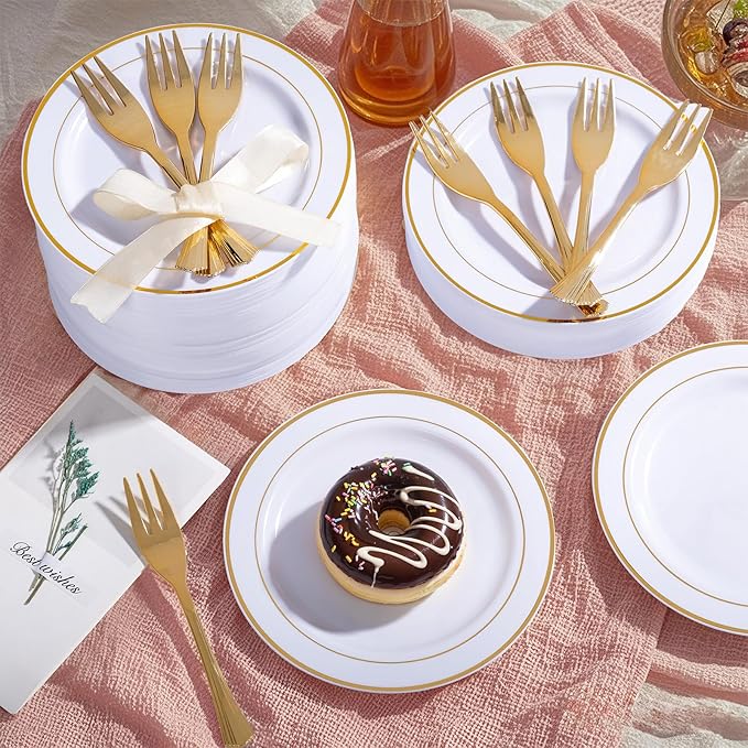 WELLIFE 60 PCS Gold Plastic Dessert Plates and 60 PCS Forks, 6.3 inch Disposable Salad Plates, Premium White Appetizer Plates with Gold Rims, Perfect for Party and Christmas