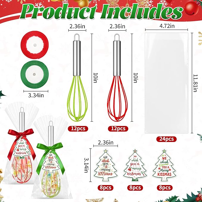 24 Sets 10 Inch Christmas Whisk Baking Gifts, DIY Fillable Christmas Tree Ornaments, Xmas Colored Silicone Whisks for Xmas Employee Neighbor Cooking Supplies Xmas Stocking Stuffers Candy Holder