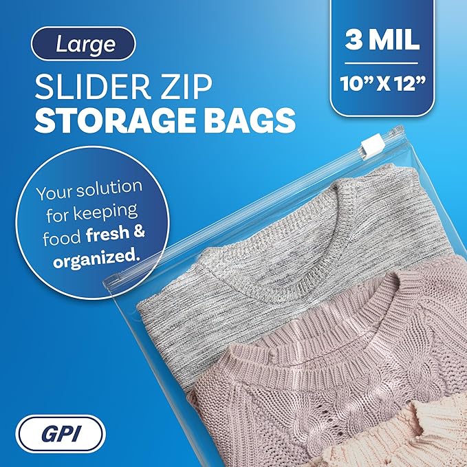 100 Count - Slider Zip 1 Gallon Food Storage Bags, 10" x 12" 3 Mil Heavy Duty, Large, Strong & Durable For Freezer Storage. GPI