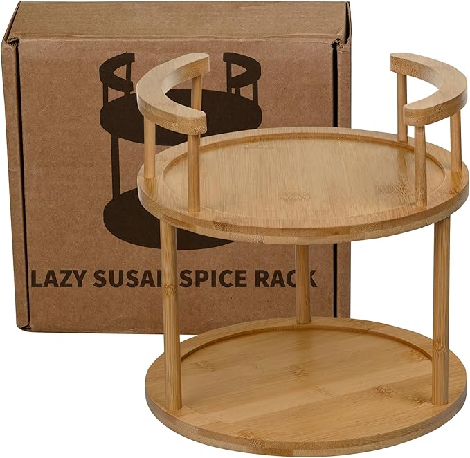 Wooden Rotating Spice Rack - 2 Tier Lazy Susan Turntable Spice Organizer for Countertop & Pantry - Portable & Space-Saving Rotating Storage Rack for Kitchen with 360° Rotating Feature