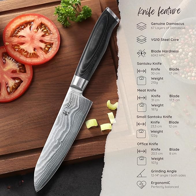 Wakoli Mikata 4-Piece Damascus Knife Set – Professional Kitchen Knife Set with VG10 Core, 67-Layer Damascus Steel and Ergonomic Micarta Handles – Premium Kitchen Knives in Gift Box