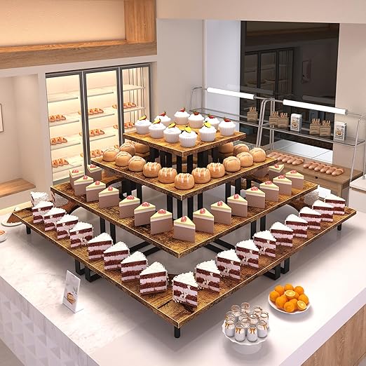 ELITEROO 4 Tier Display Riser Stand, Wood & Metal, Space Saving Corner Stand for Retail, Vendor & Home Use