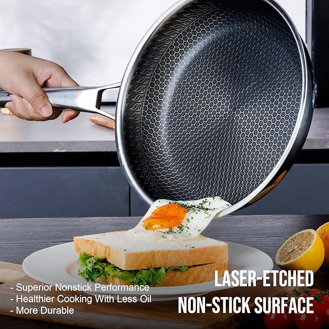 12 Inch Hybrid Nonstick Frying Pan, Stainless Steel Pan Non Stick Skillet, PFOA Free Cookware, Non Toxic Chef's Pan, Compatible with Electric, Gas and Induction, No Lid