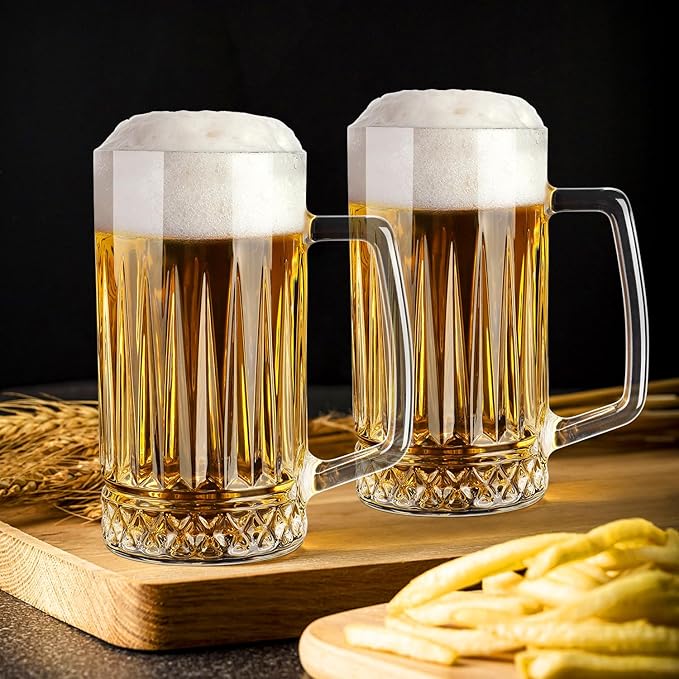20oz Beer Mug, 4 Pack Glass Beer Mugs for Freezer, Clear Large Beer Steins with Handle, Gifts for Men