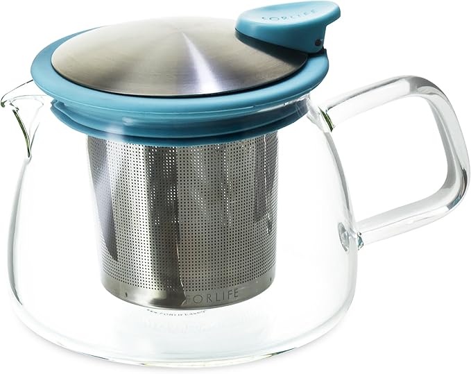 FORLIFE Bell Glass Teapot with Basket Infuser, 14 oz./430 mL, Turquoise