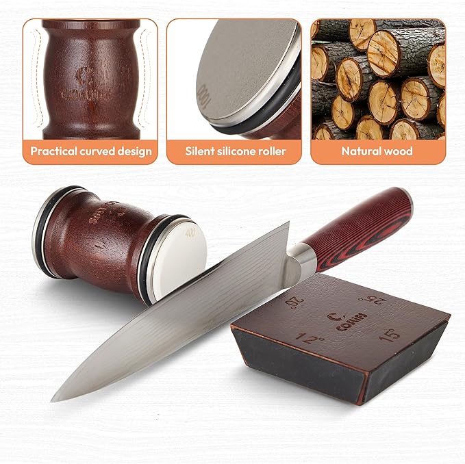 Rolling Knife Sharpener - Multi Angle Knife Sharpeners Tool Kit for Kitchen & Chef Knives, Diamond & Ceramic Honing Discs with 12°, 15°, 20°, 25° Magnetic Base - Manual Safe Roller Sharpening