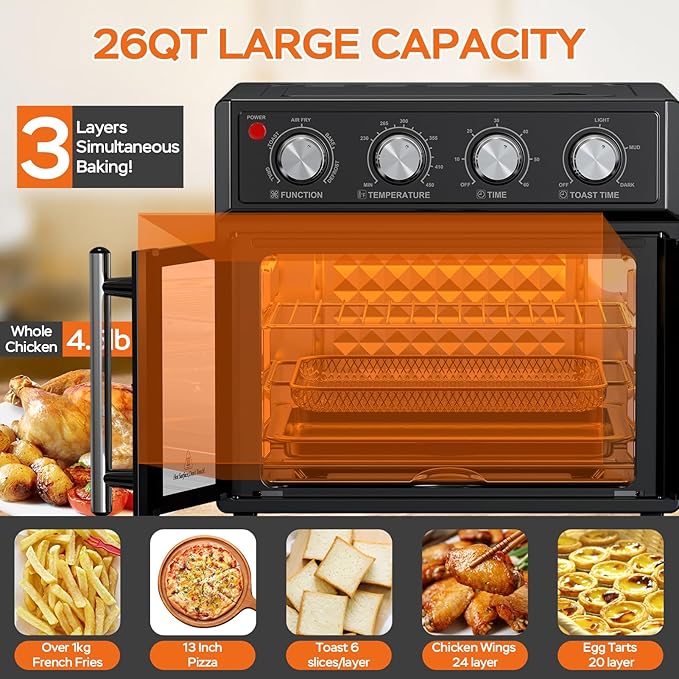 PlumChef 29.5QT Large capacity French Double-Door Air Fryer Convection Toaster Oven,1700W, 7 Preset Menus, 7-in-1 Multi-Function for Bake, Roast, Grill, Toast, Dehydrate& Defrost,Stainless Steel,Black