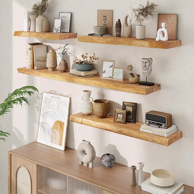 Floating Shelves, 8" Deep Rustic Solid Wood Wall Mounted Floating Shelves, Wall Shelves with Invisible Bracket for Living Room Bathroom Bedroom Kitchen, 72 Inch, Natural