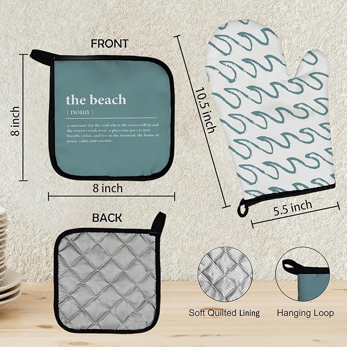 Mingnei Ocean The Beach Oven Mitts and Pot Holders Sets, Funny Summer Beach House Wave Heat Resistant Potholder Kitchen Decor for Cooking Baking BBQ,Coastal Wave Oven Glove Set, Beach House Gifts