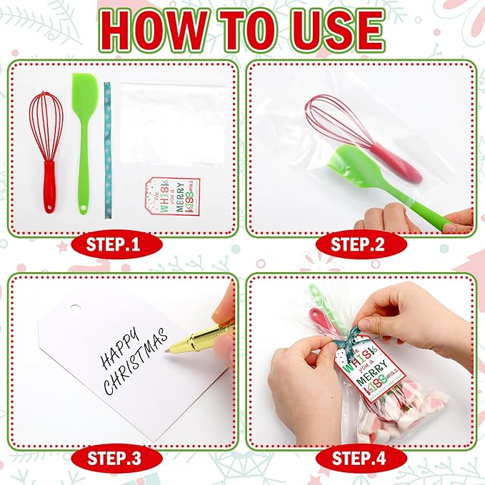 Bokon 12 Sets 48 Pcs Christmas Whisk Spatula Baking Gifts Red Green Christmas Kitchen Sets Includes Silicone Steel Whisk Spatula Greeting Cards Ribbons Plastic Bags Cooking Supplies for Xmas Gift