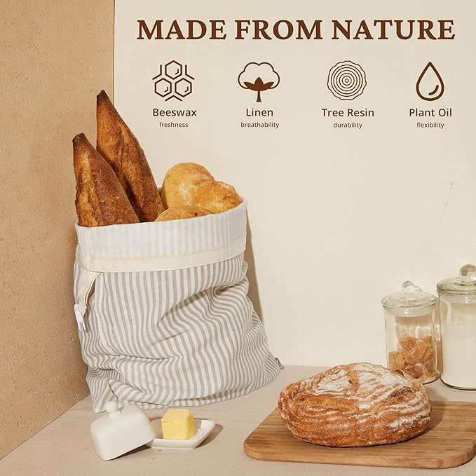 BRONYPRO Beeswax Bread Bags for Homemade Bread Sourdough, 2 Pack Reusable Sourdough Bread Bags, Organic Beeswax & Linen Homemade Bread Storage, Eco-friendly & Long-latsing,Large 17x12.6in,Beige