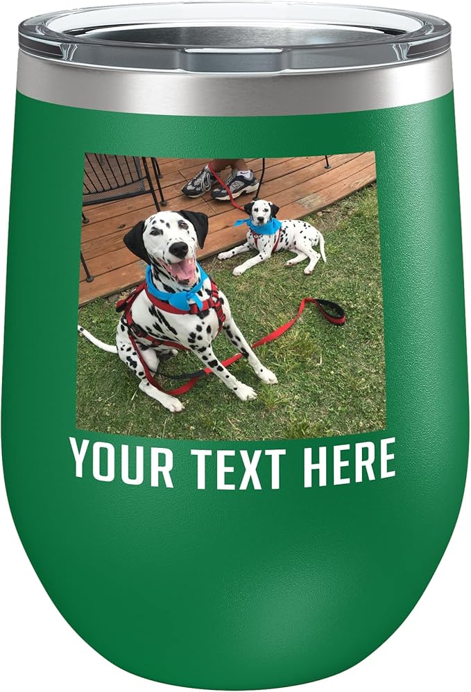 Personalized 12oz (17 Colors) Photo Printed Insulated Stainless Steel Powder Coated Stemless Wine Tumbler with Lid, Customized Gift Idea for Her, Custom Coach Gifts Team Mom Dad Mother's Day (Green)