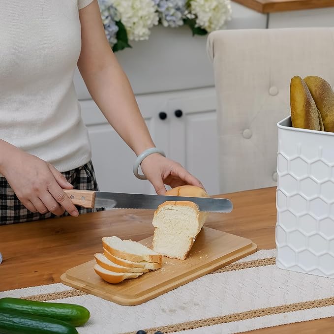 Extra Large Bread Box for Kitchen Countertop Corner Breadbox for Homemade Bread Metal White Honeycomb Pattern Embossed Bread Storage Container Bin with Bamboo Lid Fits 2 Loaves of Bread