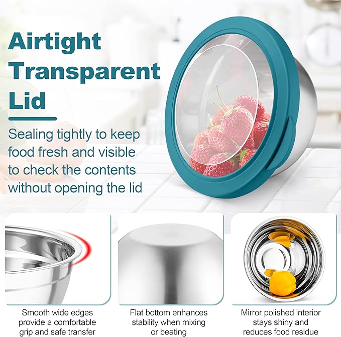 TeamFar Mixing Bowls, Stainless Steel Salad Serving Bowl with Clear Lids & 3 Graters, For Kitchen Cooking Prepping Storing, Size 4.6/2.6/1.5/1/0.7 QT, Nesting & Airtight, Set of 5 & Blue