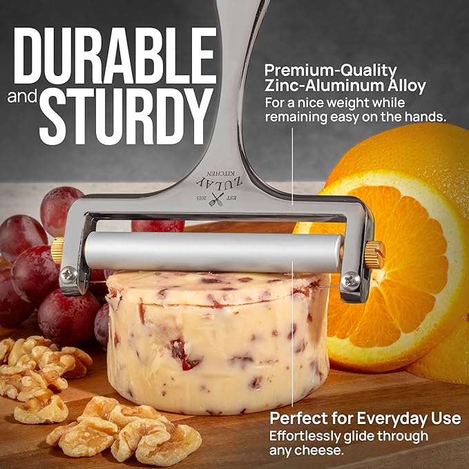 Zulay Kitchen Stainless Steel Wire Cheese Slicer - Adjustable Hand Held Cheese Cutter with 2 Extra Wires - Premium Cheese Shaver For Mozzarella, Cheddar, Gruyere - Cheese Cutter with Wire (Gunmetal)
