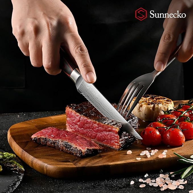 Sunnecko Steak Knives Set of 6,Premium Stainless Steel Serrated Steak Knife Set,Pakkawood Handle 4.5 Inch Kitchen Steak Knife with Gift Box