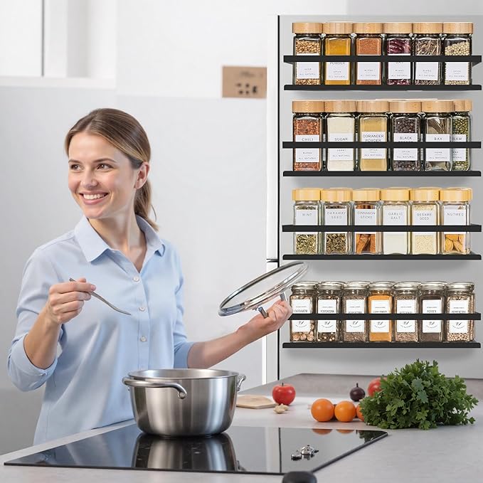 Magnetic Spice Rack for Refrigerator Seasoning Organizer for Spice Fridge Shelf storage Magnetic Shelf with Hook for Oven(4pack-Cut out-Black)