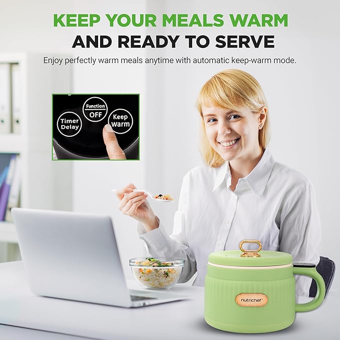 NutriChef 1.6 QT Portable Electric Rice Cooker & Lunch Maker | Multi-Functional & Non-Stick Ceramic Coating | Digital Control Panel | 6 Cook Functions: Rice, Soup, Stew, Porridge & More | Green
