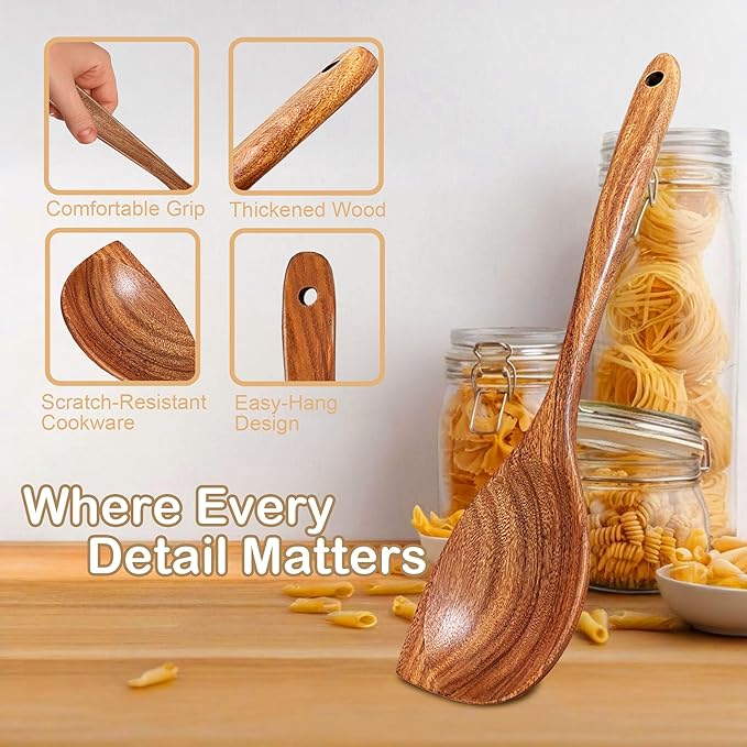 Wooden Spoons for Cooking, 4 Piece Natural Premium Teak Wooden Cooking Utensils Set, Heat Resistant Large Kitchen Wooden Spoons and Wooden Spatula for Nonstick Cookware Cooking Gifts