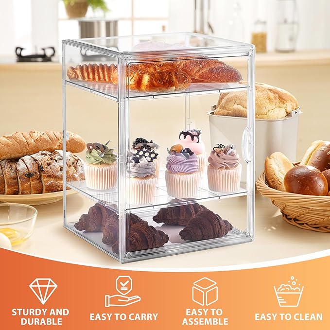 Pastry Display Case, Large Bread Box for Kitchen Countertop, 4 Layers Adjustable Bakery Display Case, Clear Breadbox for Baked Goods Cookie Dessert Cupcake Kitchen Counter, 2 Pack