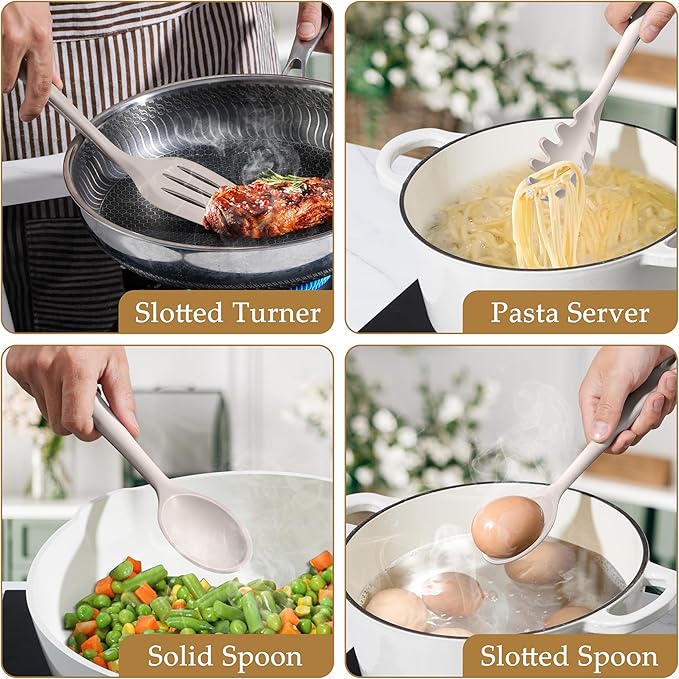 LIANYU 4Pcs Kitchen Utensils Set, Food-Grade Silicone Cooking Utensils, Farmhouse Kitchen Tools for Nonstick Cookware, Include Spoon, Turner, Pasta Server, Heat Resistant, Dishwasher Safe, Khaki