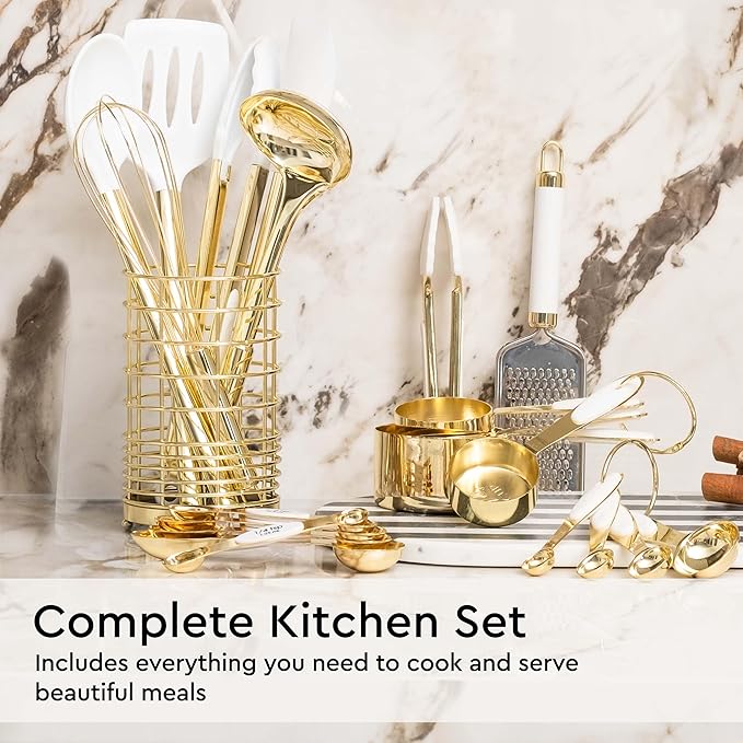 White and Gold Kitchen Utensils Set - 23-Piece Gold Kitchen Accessories Include Measuring Cups and Spoons Set, Silicone Utensils, and Utensil Holder for Baking, Cooking, and Stylish Kitchen Decor