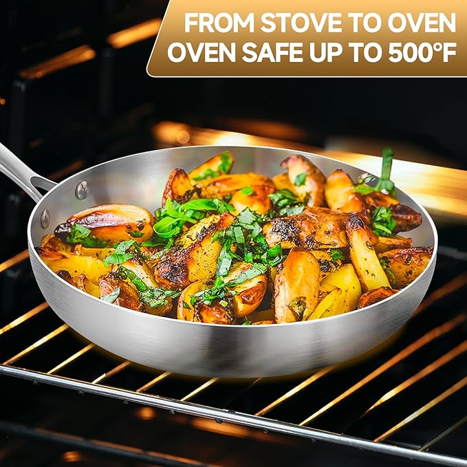 Inqibee 8.5-12 Inch Tri-Ply Stainless Steel Frying Pans Set with Lids,Skillets,Induction Cooking Pans,Pots and Pans Set,Dishwasher and Oven Safe,Detachable Handle
