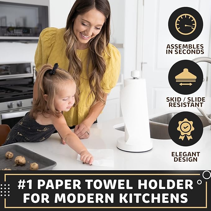 Dear Household Stainless Steel Paper Towel Holder Easy One-Handed Operation - This Sturdy Weighted Paper Towel Dispenser Countertop Model Has Suction Cups and Holds All Paper Towel Rolls - White